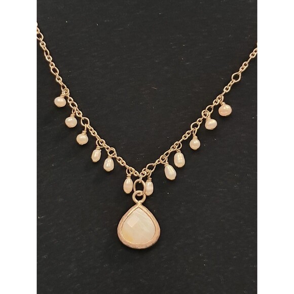 Peyote Bird Teardrop Moonstone Pearls Silver Chain Leather Cord Necklace 19" NWT - Picture 4 of 8